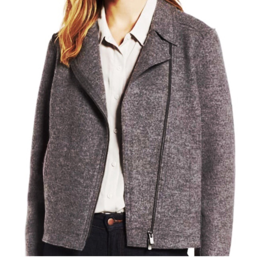 Eileen Fisher Charcoal Wool Blend Moto Asymmetrical Cropped Jacket